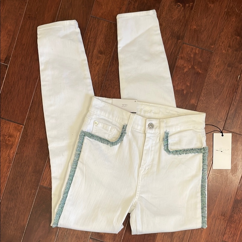 NWT 7 For All Mankind High Waist Ankle Skinny White Metalic Fringe Jean Pants 25